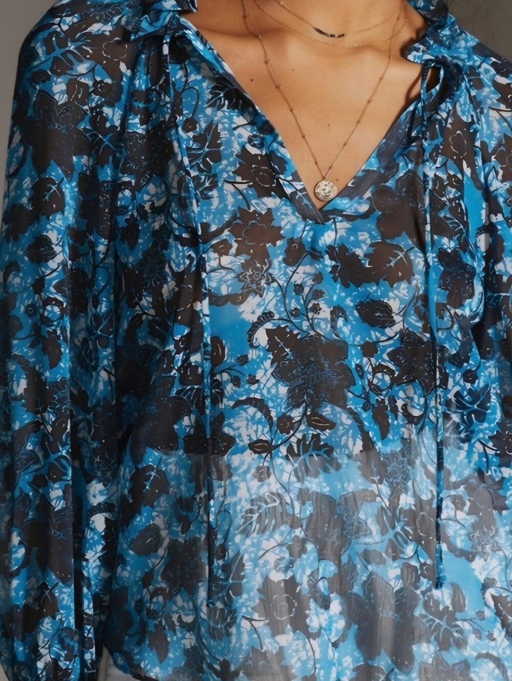 Anthropologie Blue Floral Tie-Neck Sheer Blouse, Size S. - Picture 4 of 15